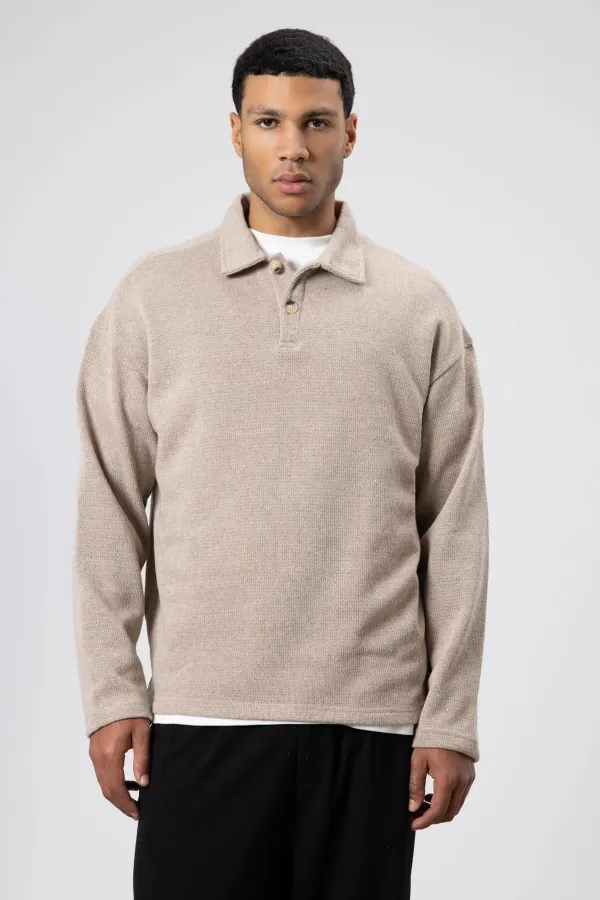 Oversize Polo Yaka Triko Kazak Vizon