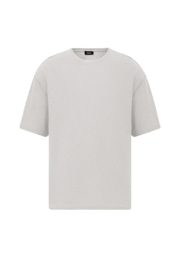 Arka Yazı Baskılı Oversize Triko Tişört Gri