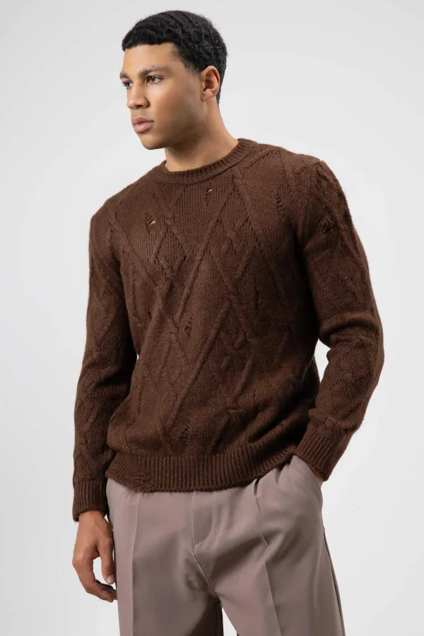 Oversize Desenli Triko Kazak Kahve