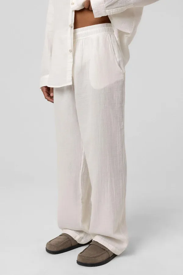 Baggy Fit Müslin Keten Pantolon Ekru