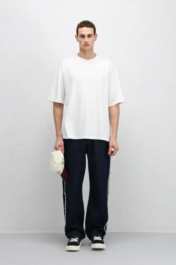 Jean ample à coutures latérales, bleu foncé