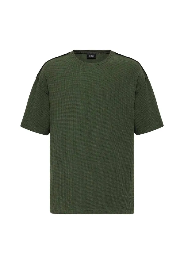 Arka Yazı Baskılı Oversize Triko Tişört Haki