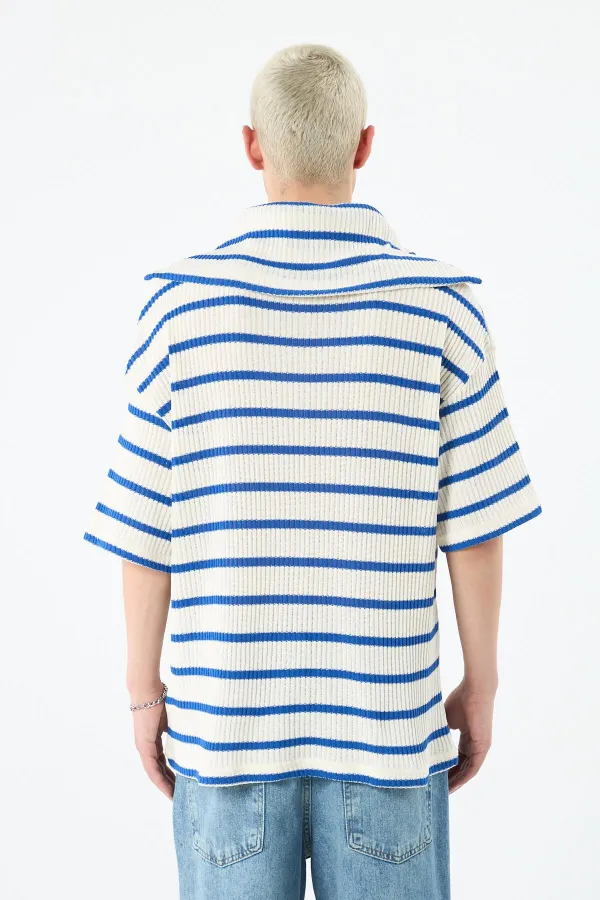 Oversize Çizgili Fermuarlı Yaka Triko Tişört Saks