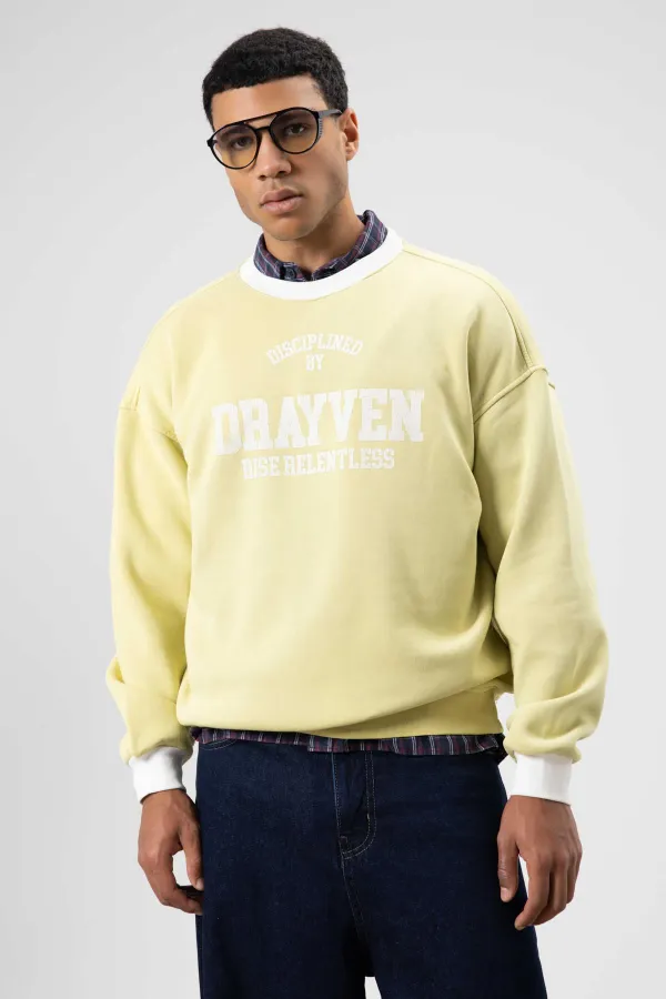 Oversize Bisiklet Yaka Baskılı Sweatshirt Sarı