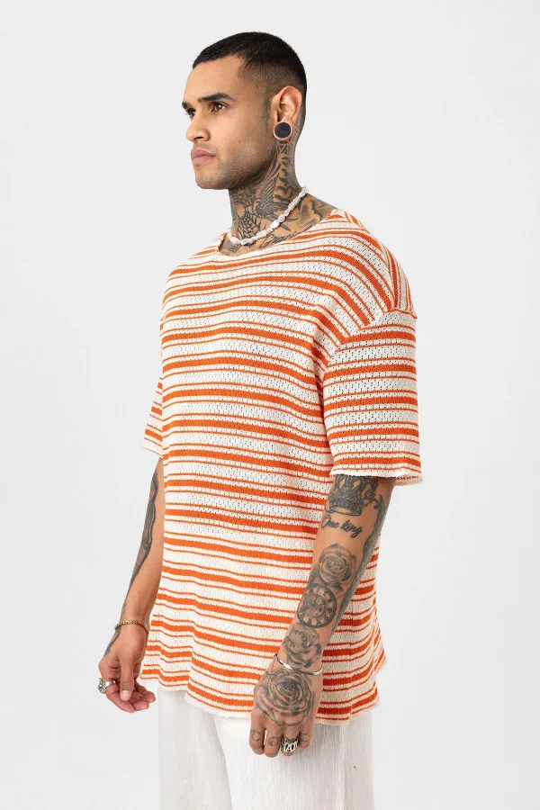 T-shirt rayé oversize en maille orange