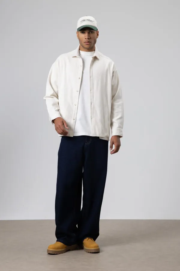 Dokulu Oversize Gömlek Ceket Ekru