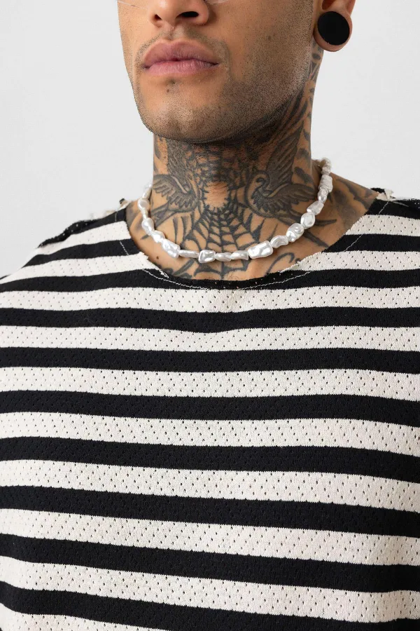 Striped Oversize Knit T-Shirt Black