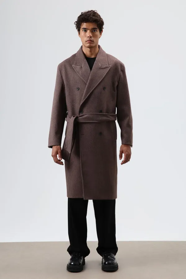 Oversize Kruvaze Kaşe Kaban Açık Kahve