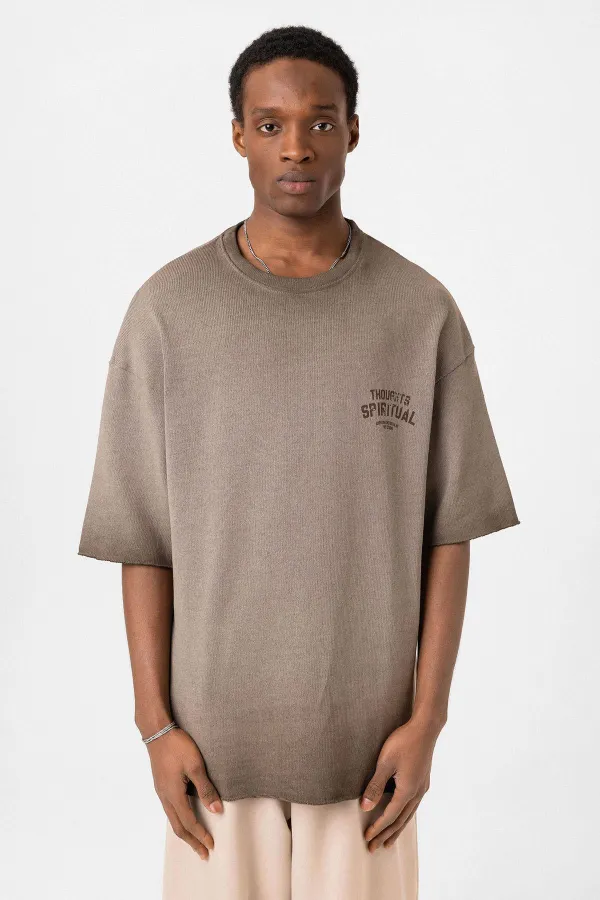 Yıkamalı Oversize Triko Tişört Kahve