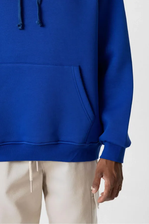 Basıc Oversize Kapüşonlu Cep Detaylı Sweatshirt Saks