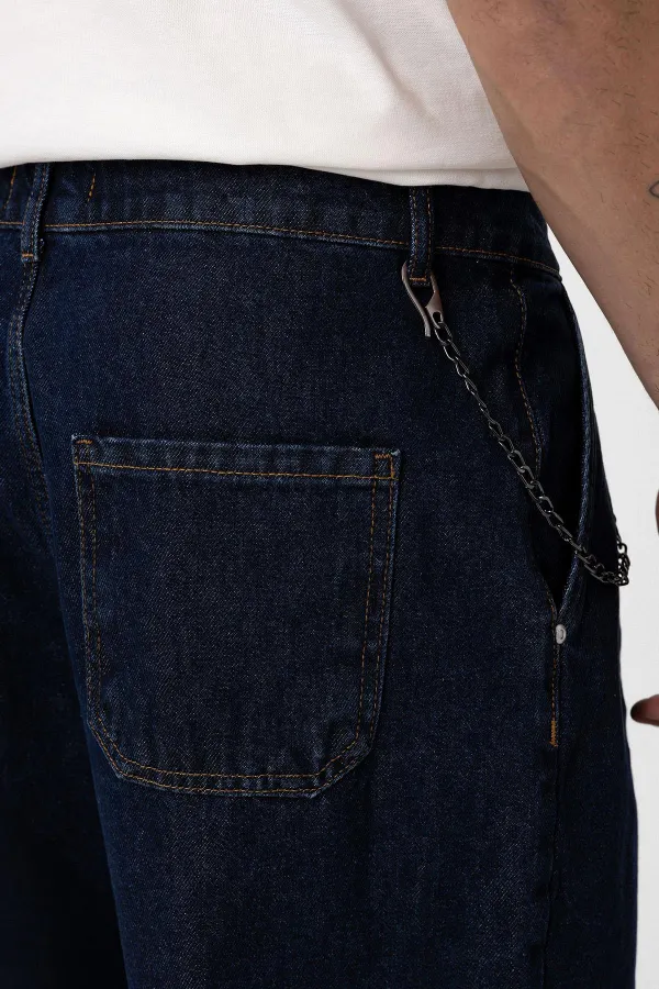 Pileli Zincir Detaylı Baggy Jean Koyu Mavi