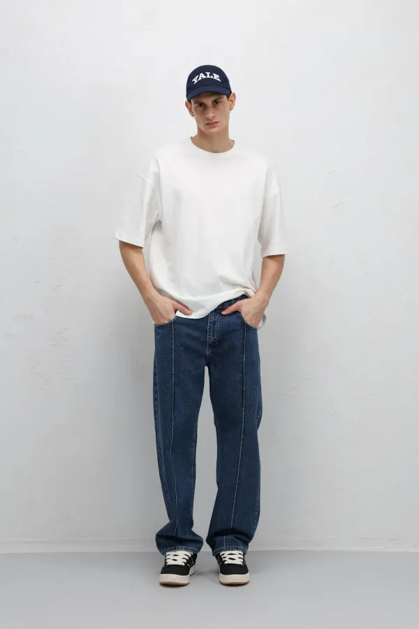 Dikiş Detaylı Relaxed Fit Jean Mavi