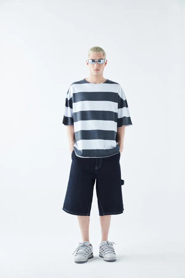 Digitally Printed Striped 100% Cotton Oversize T-Shirt, Dark Gray