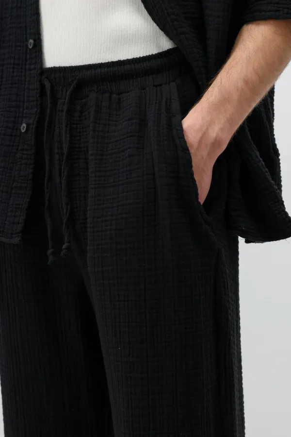 Muslin Fabric Relaxed Fit Linen Set Black