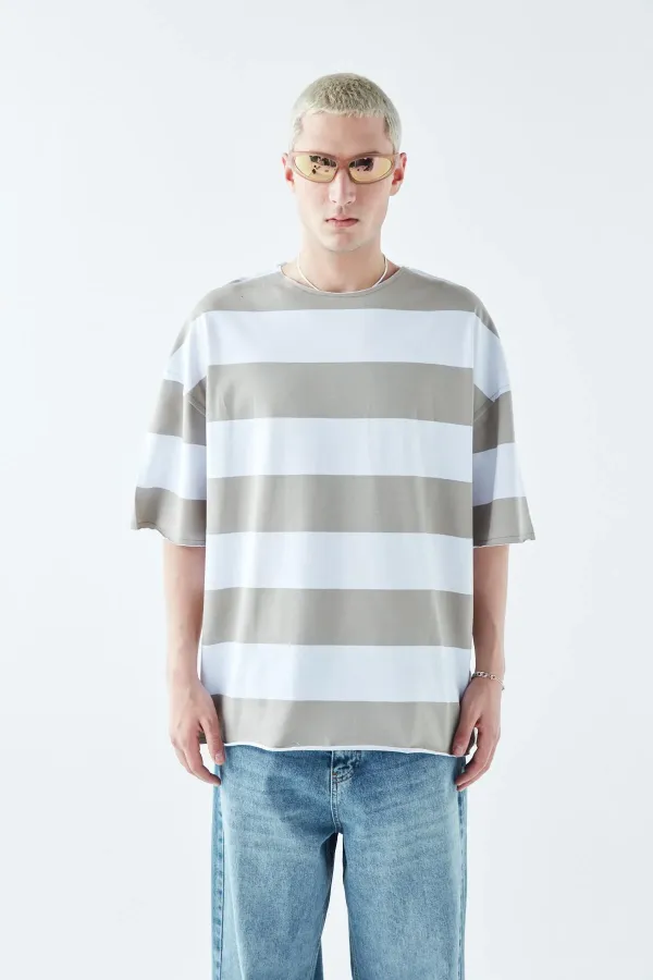 Digitally Printed Striped 100% Cotton Oversize T-Shirt, Khaki