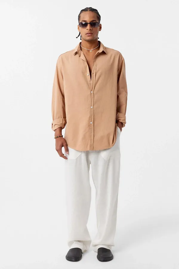 Basic Oversize Pamuk Keten Gömlek Camel Basic Oversize Pamuk Keten Gömlek Camel