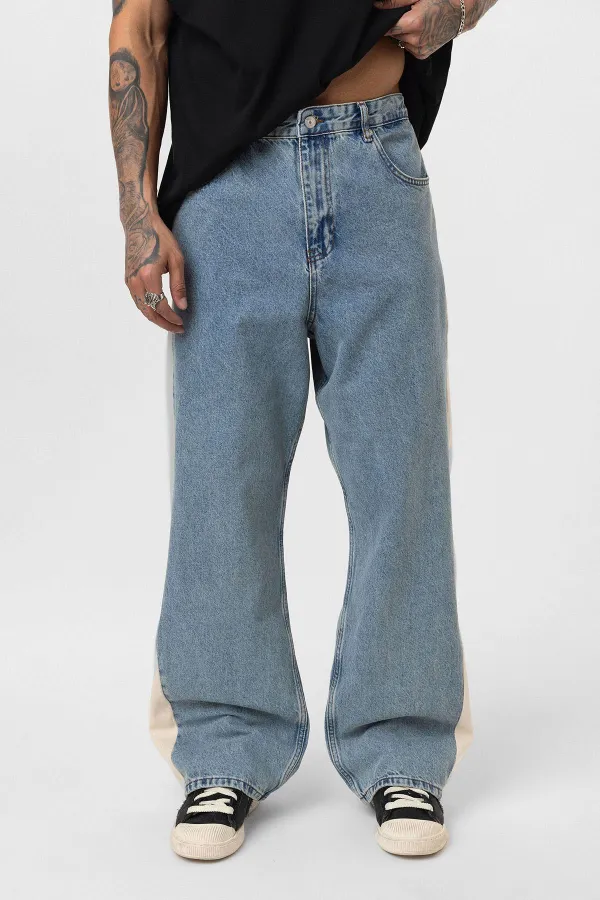 Baggy Fit Jeans with Side Stripes, Light Blue Melange