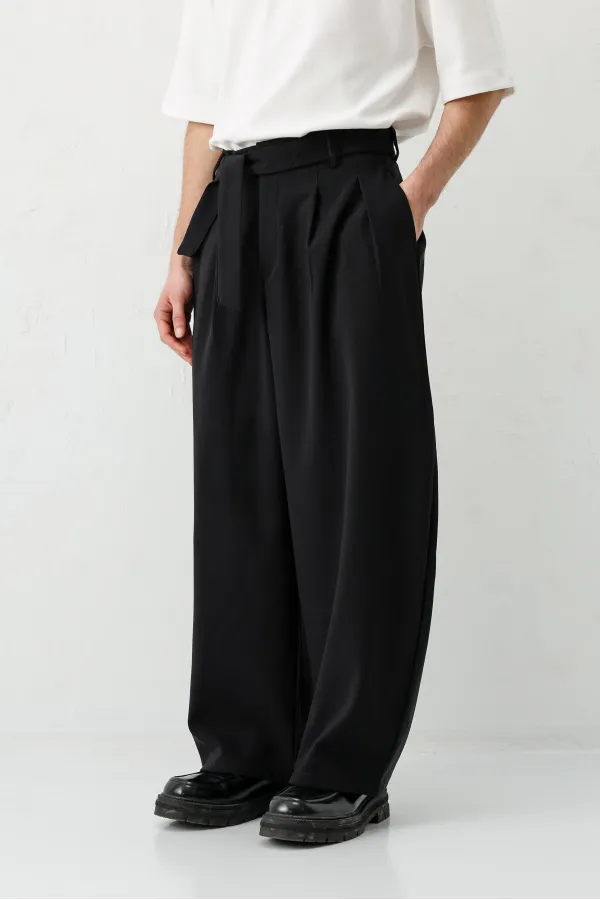 Barrel Fit Tailored Fit Kemerli Pantolon Siyah