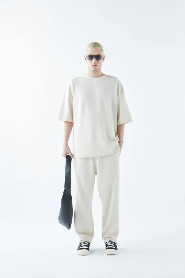 Oversize Basıc Triko Eşofman Takım Kemik