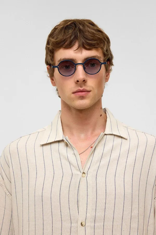 Oversize Long-Sleeved Striped Linen Shirt Indigo