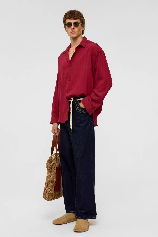 Oversize Long-Sleeve Modal Fabric Shirt, Burgundy
