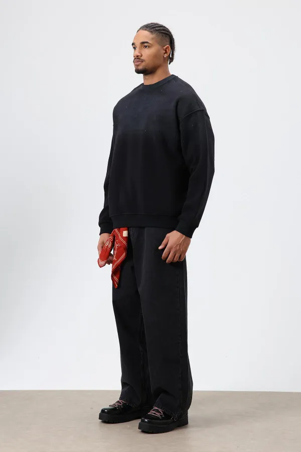 Yıkamalı Taş Detaylı Oversize Sweatshirt Siyah