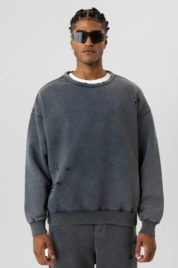 Premıum Yıkamalı Yırtık Detaylı Oversize Eşofman Takım Antrasit