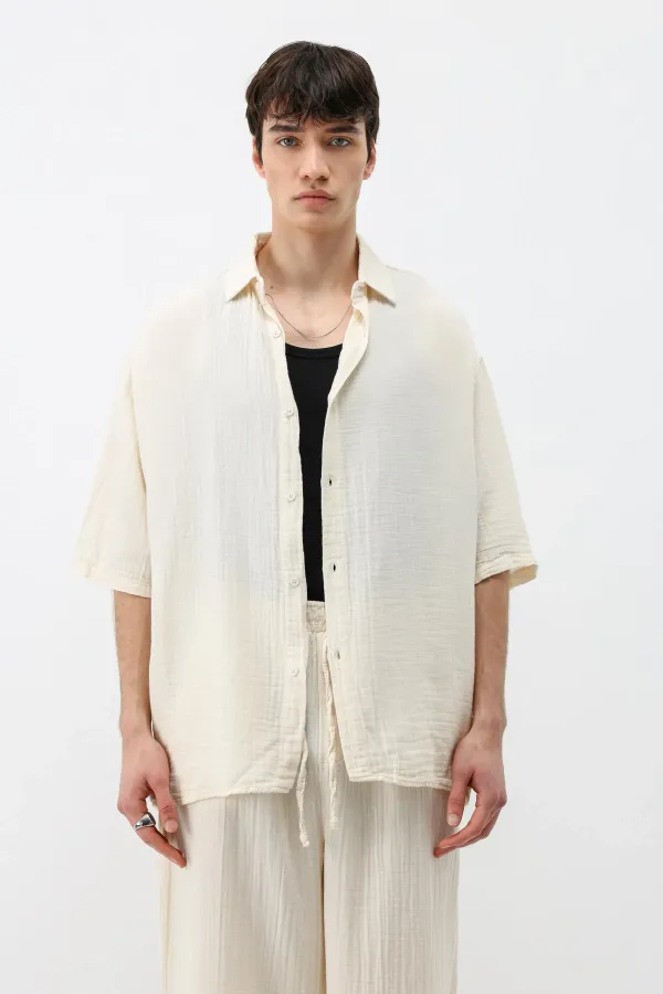 Ensemble en mousseline de lin coupe décontractée, naturel