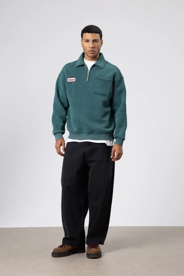 Yaka Fermuarlı Oversize Baskılı Sweatshirt Nefti