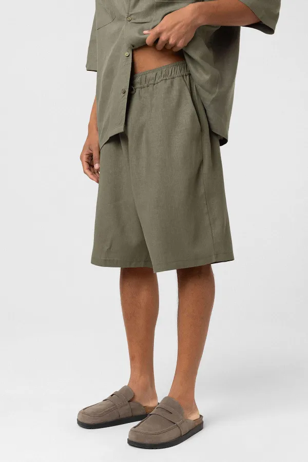 Oversize Keten Şort Haki