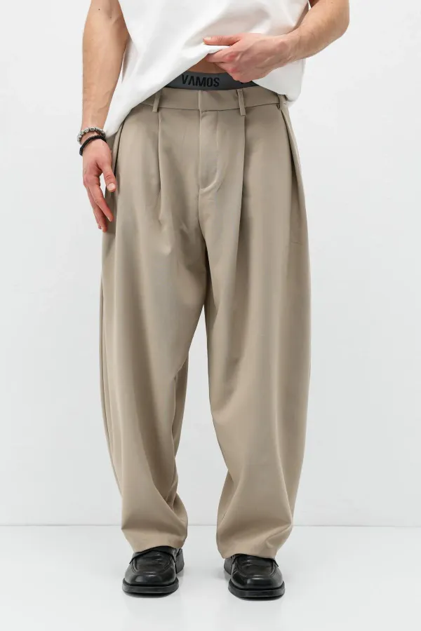 Barrel Fit Tailored Pantolon Bej