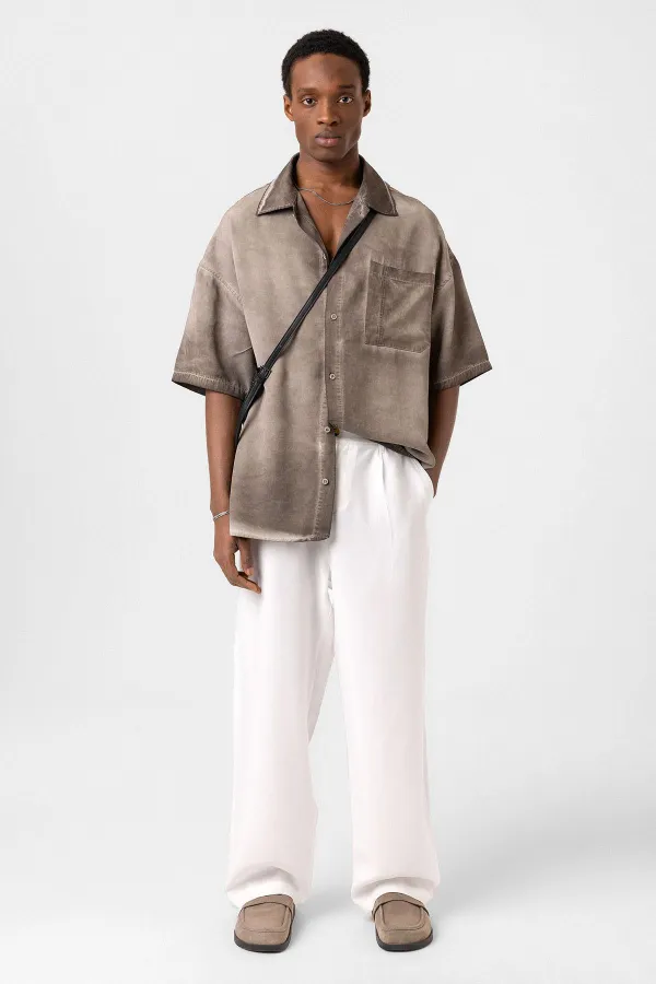 Yıkamalı Kısa Kollu Oversize Gömlek Kahve