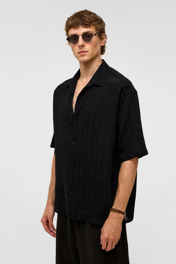 Oversize Striped Short-Sleeved Modal Fabric Shirt, Black