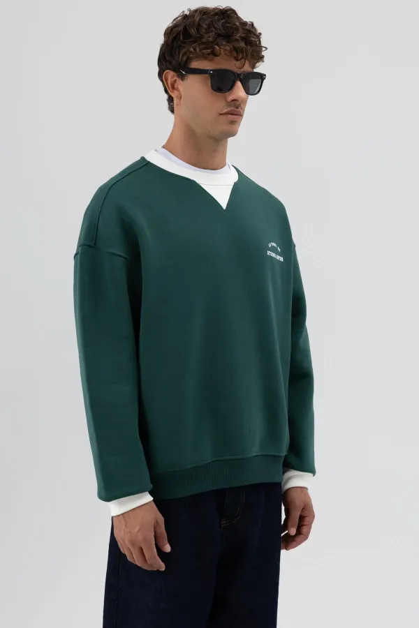 Oversize Bisiklet Yaka Baskılı Sweatshirt Nefti