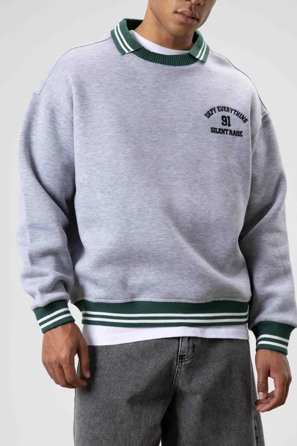 Sweat-shirt gris chiné à col oversize brodé