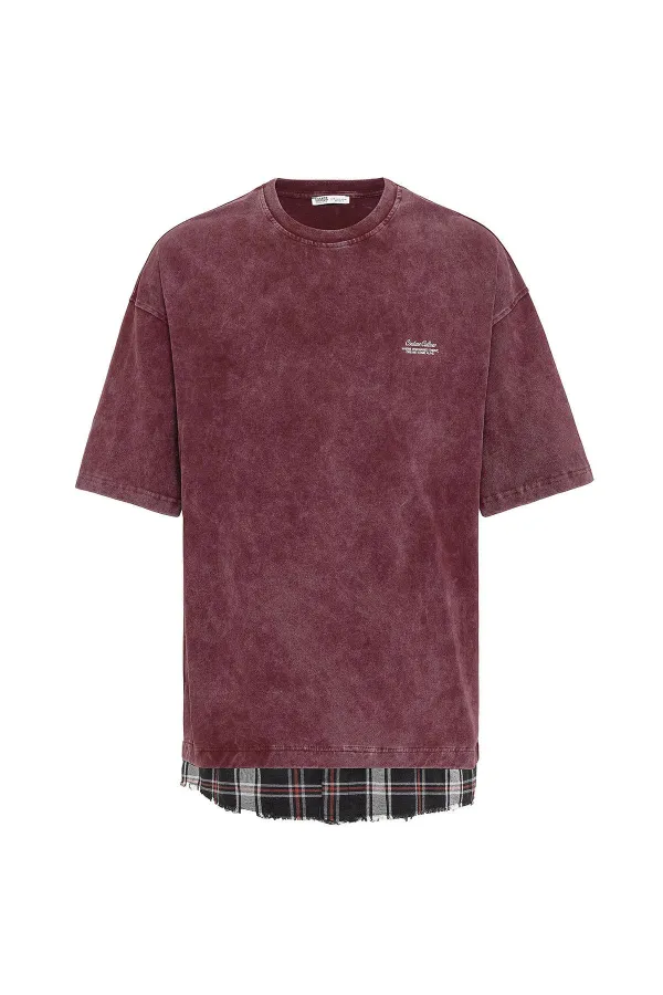 Yıkamalı Oversize Ekose Detaylı Tişört Bordo