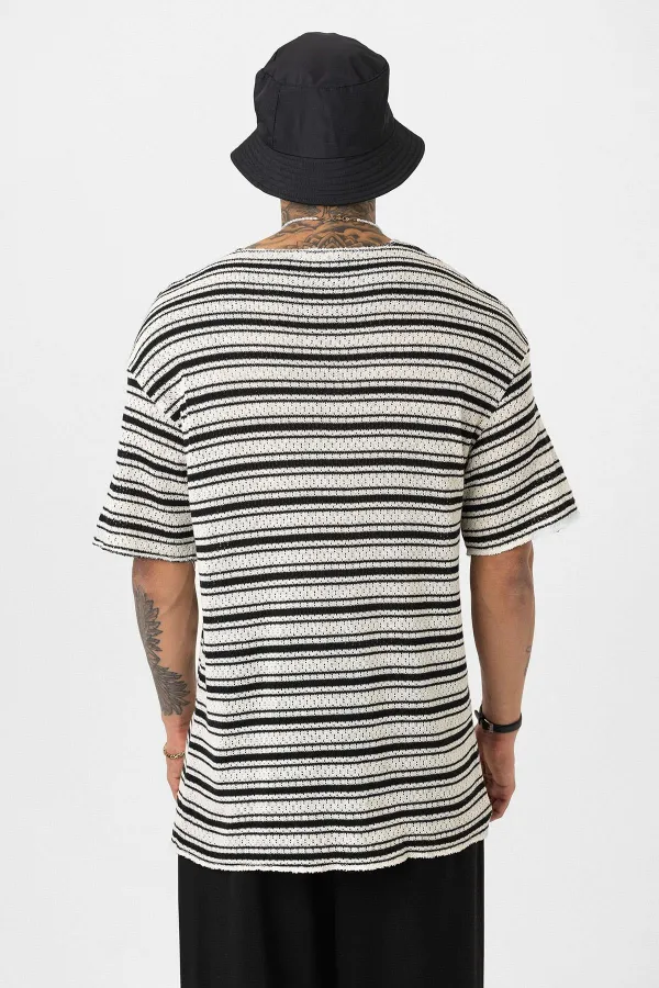 Striped Oversize Knit T-Shirt Black