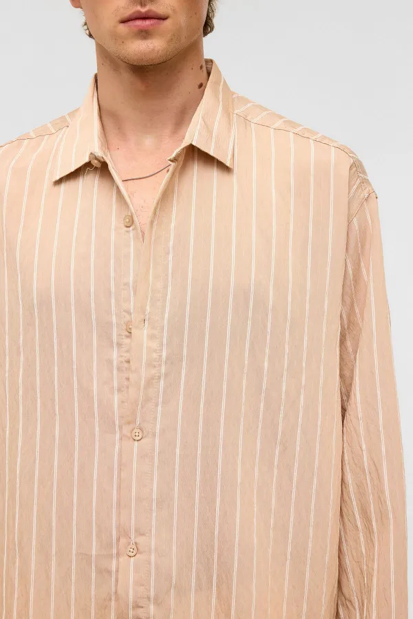 Oversize Çizgili Uzun Kol Gömlek Bej