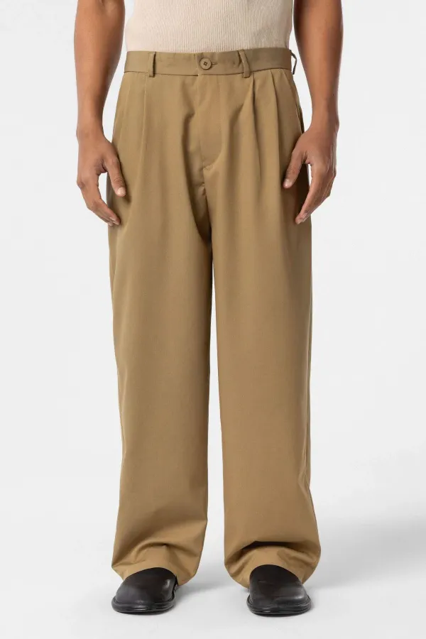 Baggy Fit Pileli Kumaş Pantolon Haki