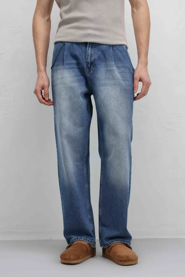 Pleated Baggy Jeans with Chain Detail, Blue