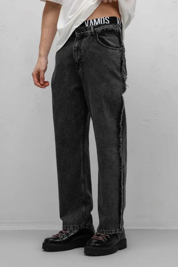 Yan Dikiş Detaylı Baggy Jean Gri