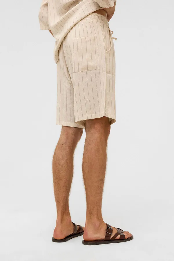 Oversize Çizgili Keten Şort Vizon