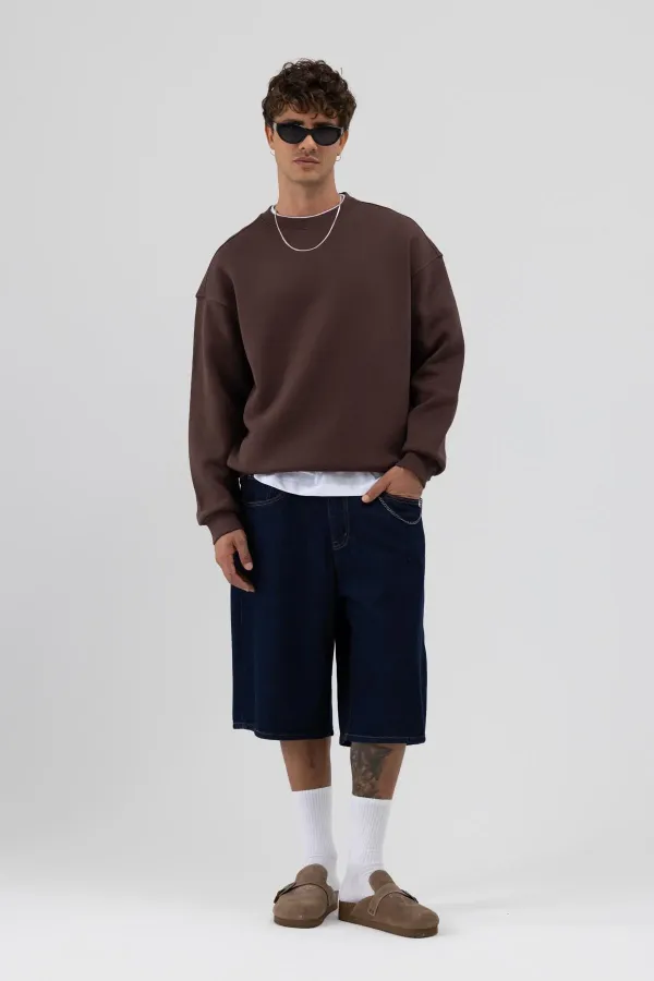 Basic Crew Neck Oversize Sweatshirt, Coffee