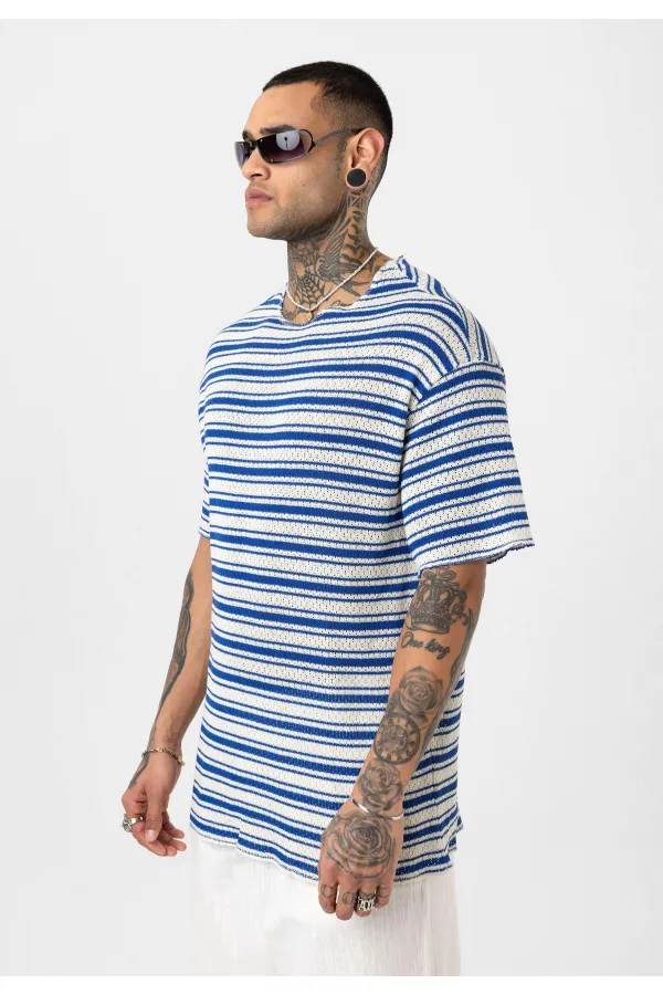 T-shirt rayé oversize en maille (bleu marine)