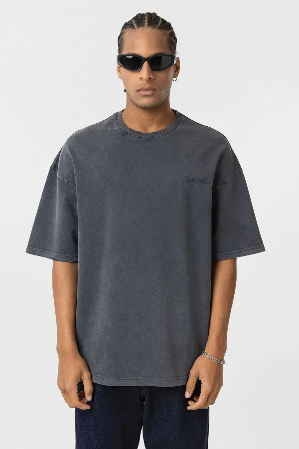 Yıkamalı Oversize Arka Baskılı Tişört Siyah