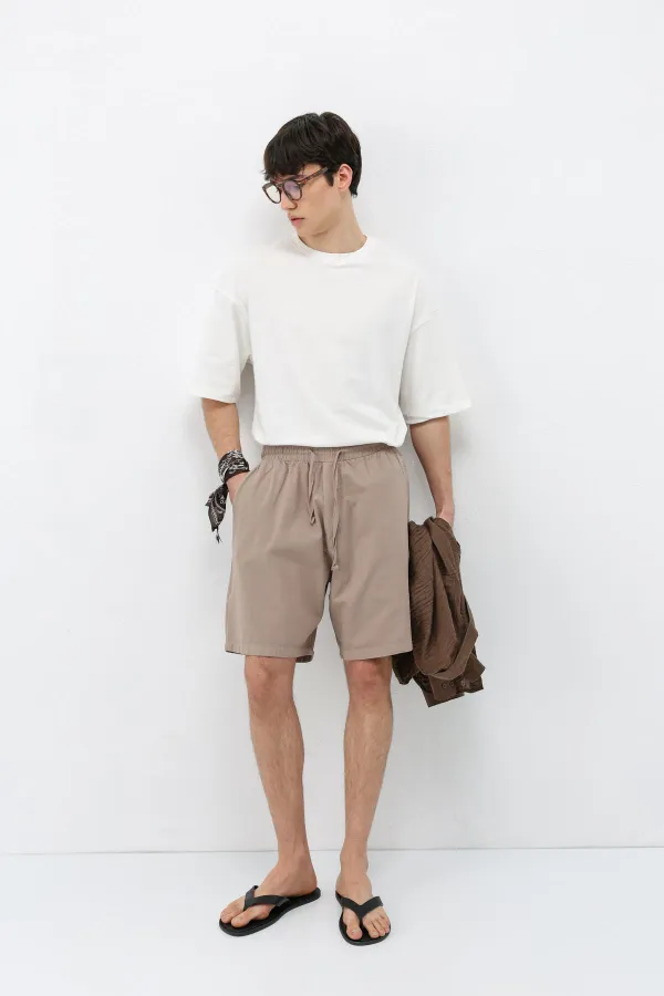 Oversize Keten Şort Taş