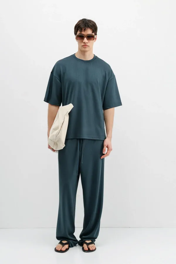 Ribbed Textured Baggy Sweatpants Petrol