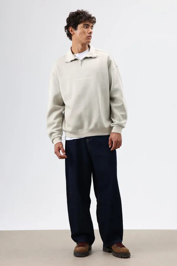 Sweat-shirt oversize à col zippé, beige