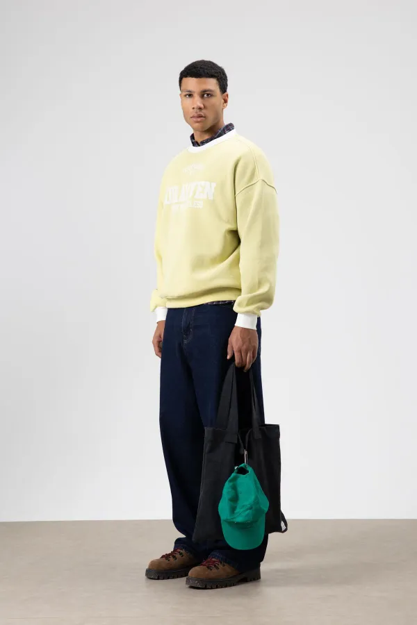 Oversize Bisiklet Yaka Baskılı Sweatshirt Sarı