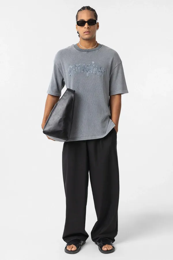 Yıkamalı Oversize Baskılı Tişört Gri